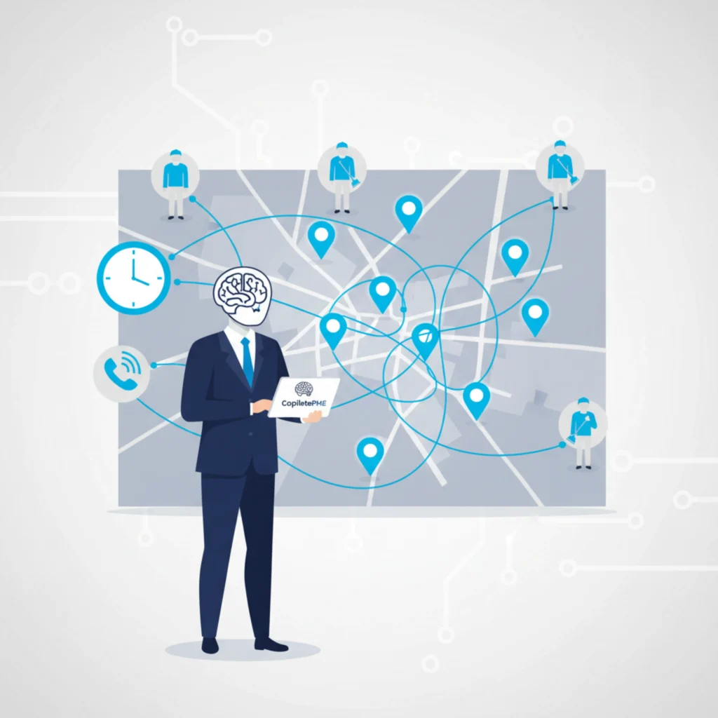 Illustration vectorielle montrant un gestionnaire de nettoyage face à une carte complexe de 10 sites et 5 employés.