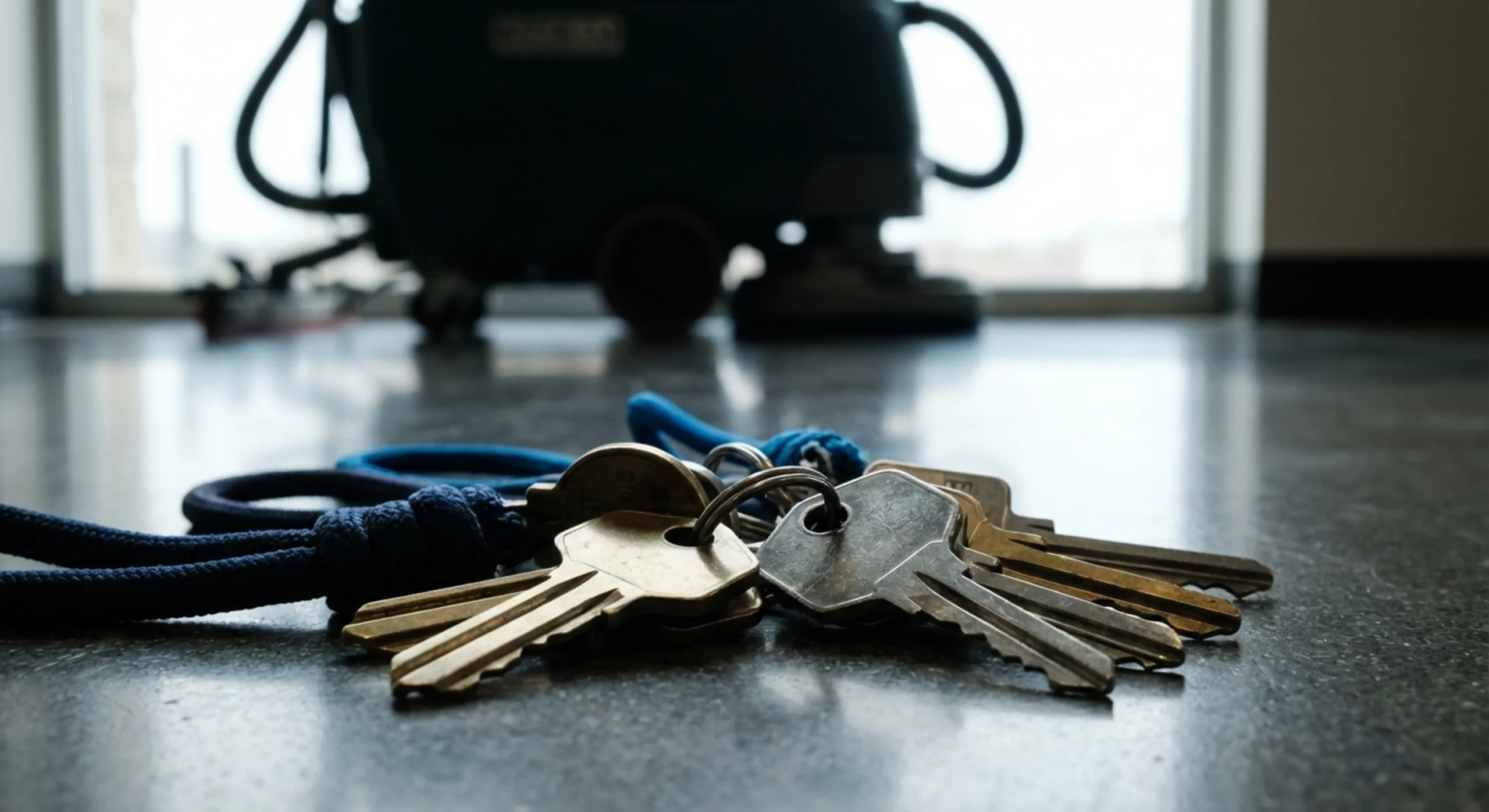 Gros plan sur un trousseau de clés professionnel représentant la gestion de multiples sites de nettoyage.