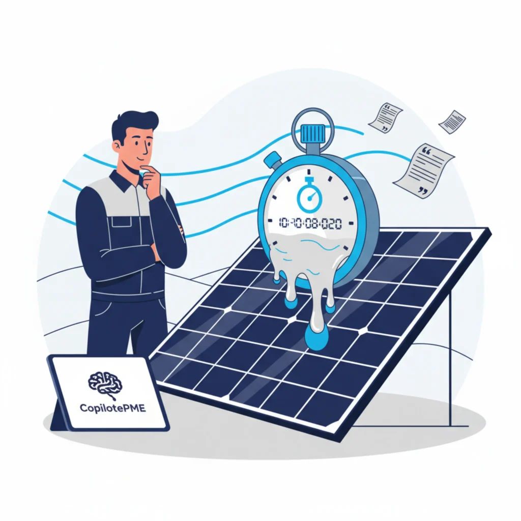 Illustration vectorielle d'un installateur de panneaux solaires pressé par le temps pour rendre ses devis.