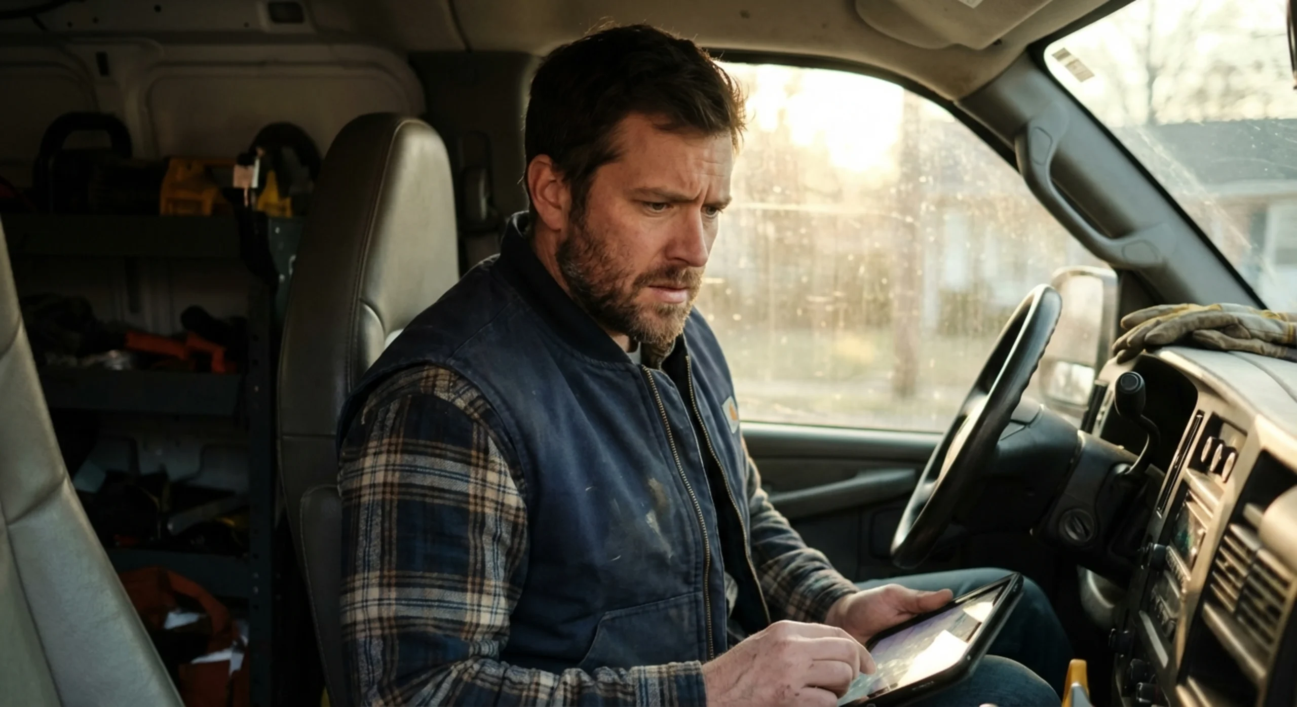 Artisan solaire en plein travail administratif dans son camion pour répondre rapidement à un client.