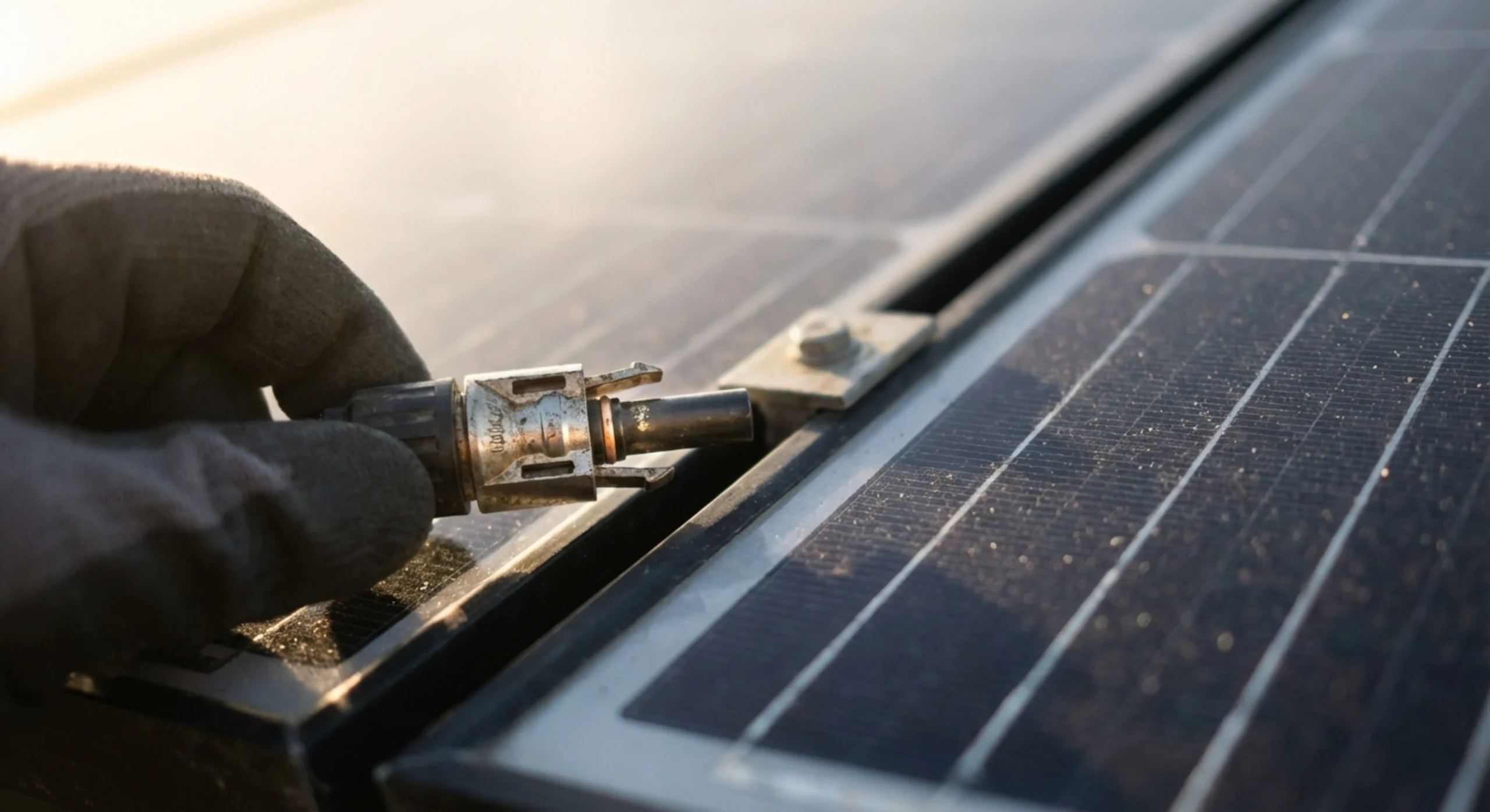 Gros plan sur la connectique d'un panneau solaire lors d'une installation professionnelle.