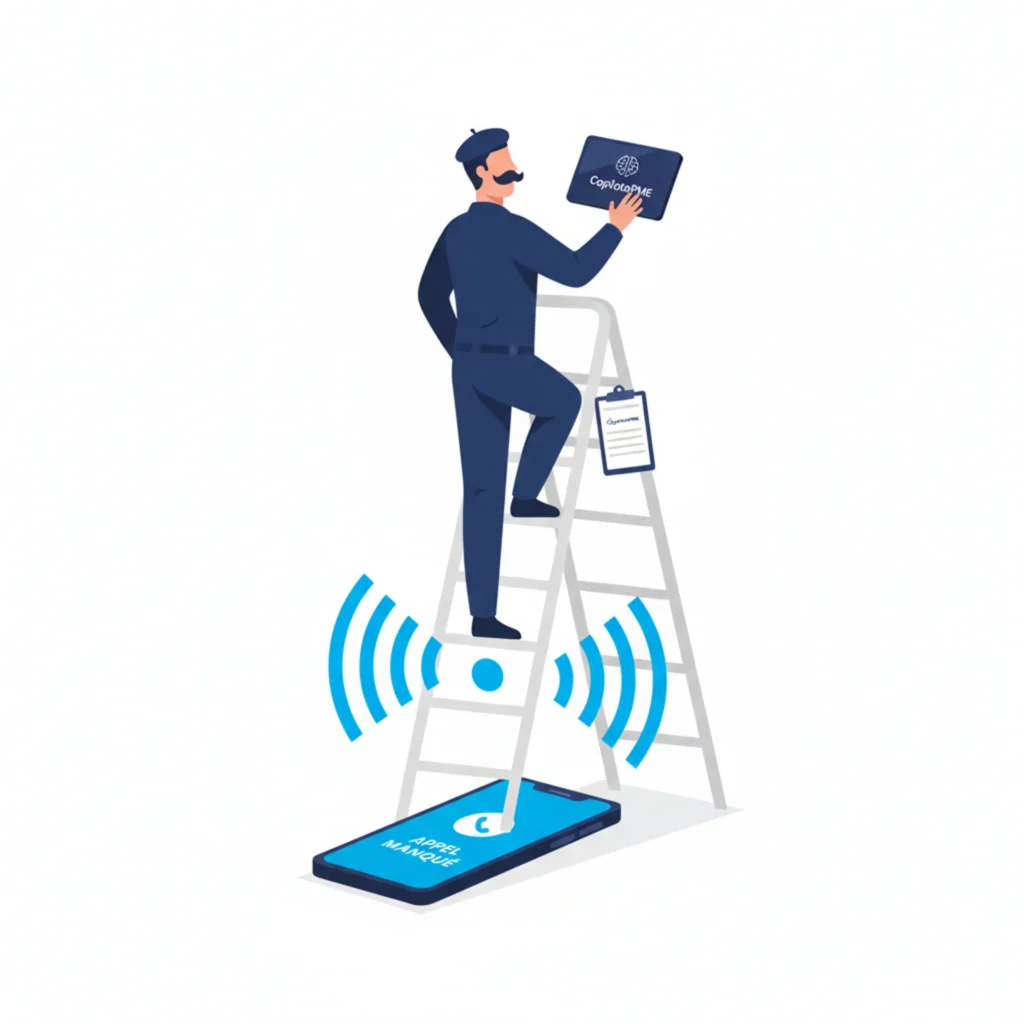 Illustration vectorielle d'un artisan sur une échelle ne pouvant pas répondre à son téléphone qui sonne au sol.