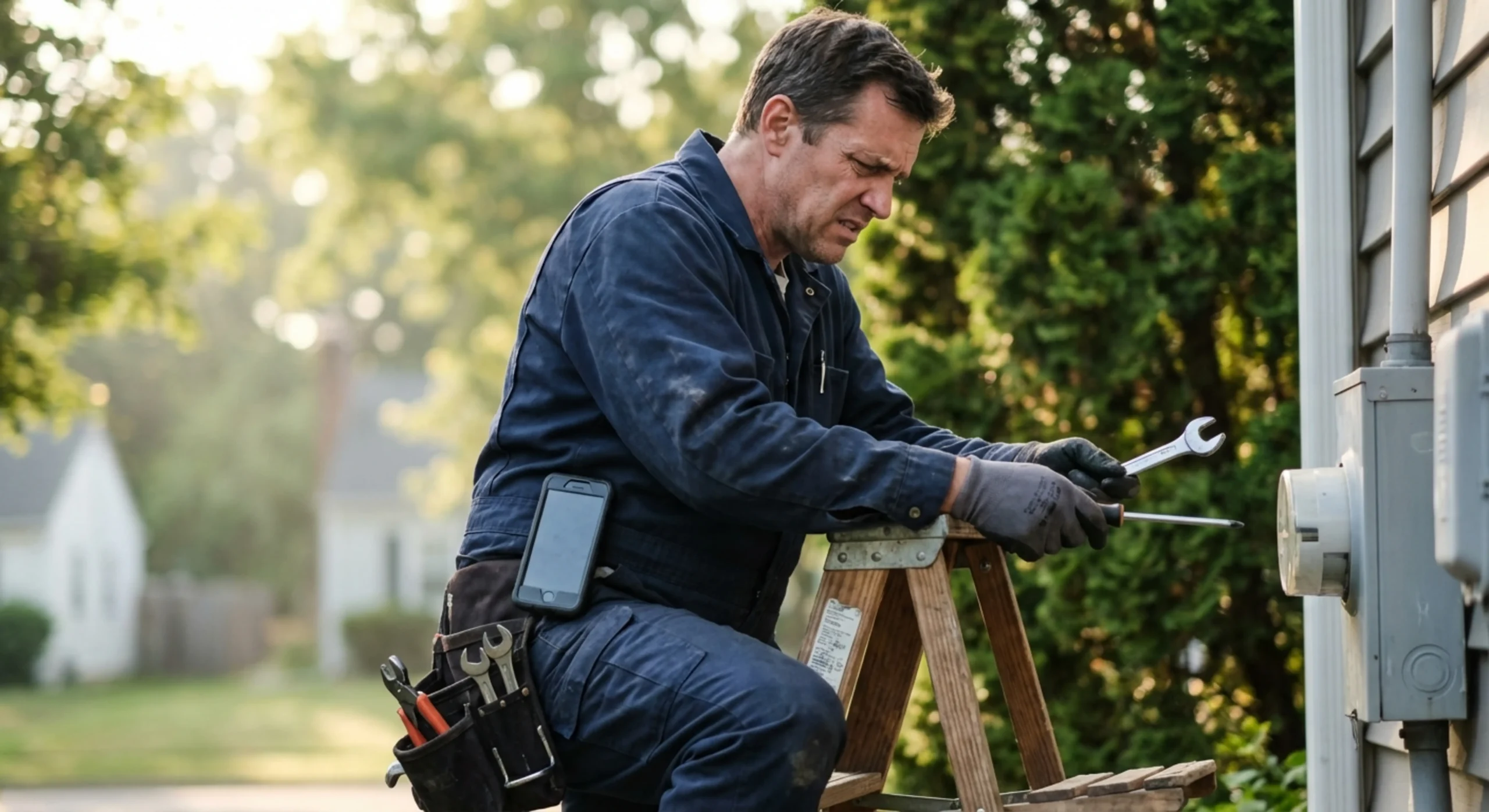 Photo réaliste d'un professionnel en intervention sur une échelle, incapable de décrocher son téléphone.