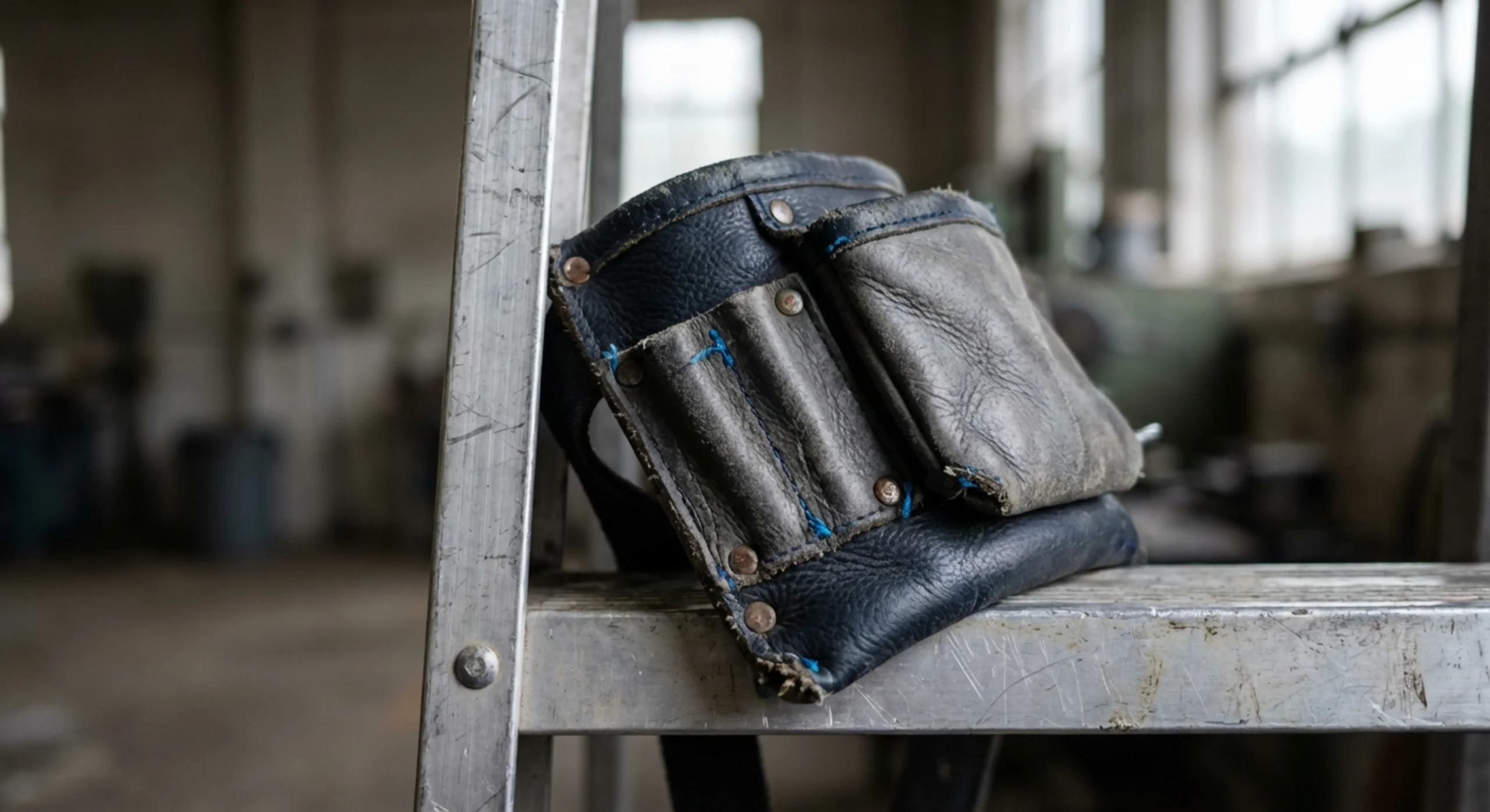 Gros plan artistique sur une ceinture d'outils et un barreau d'échelle en métal.