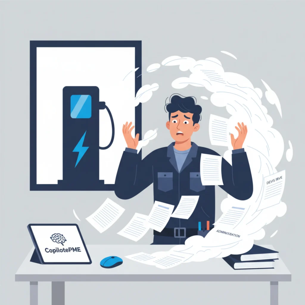 Illustration vectorielle d'un électricien face à la complexité des dossiers de subventions pour bornes de recharge.