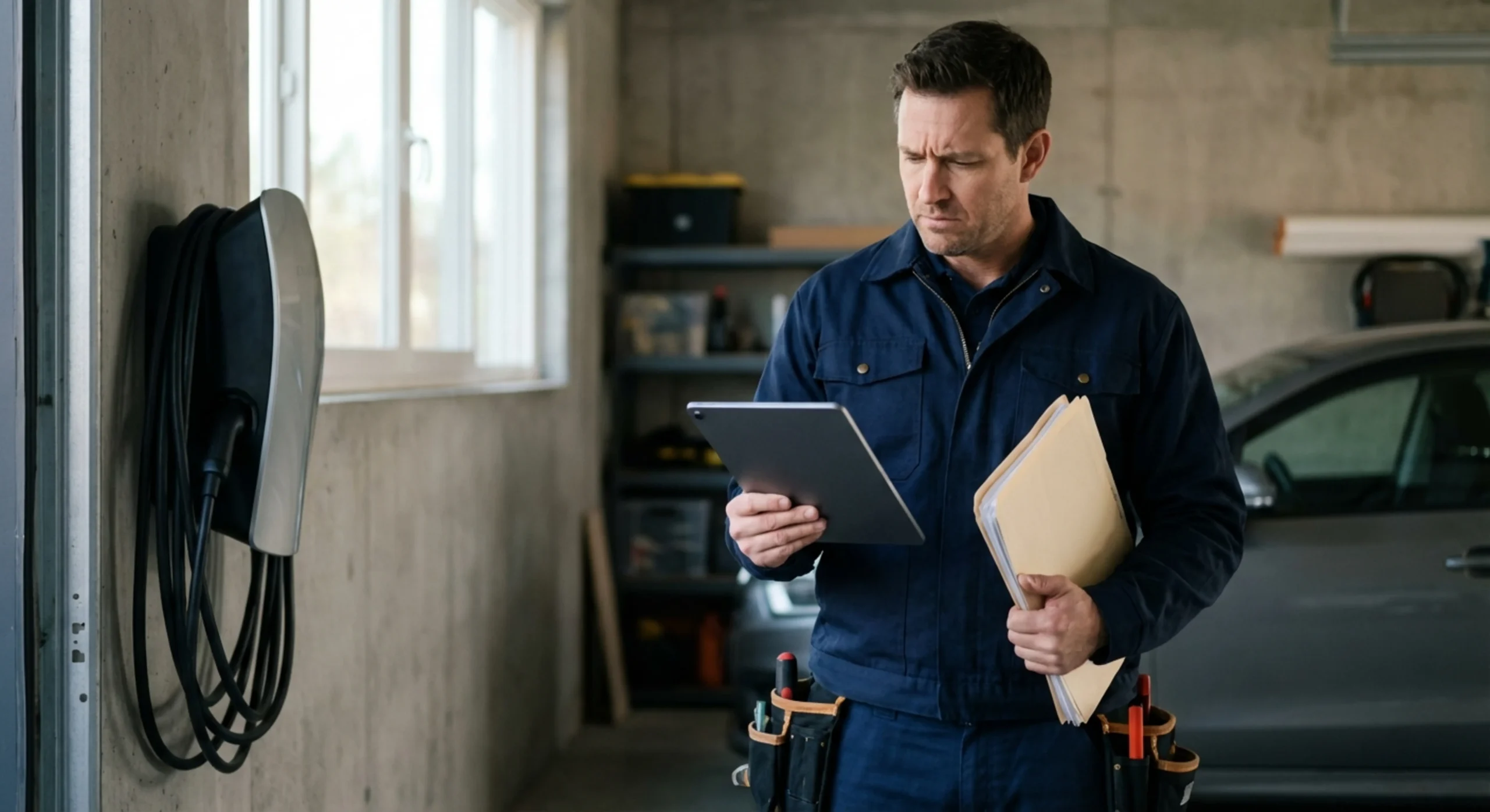 Électricien professionnel en intervention gérant les documents administratifs d'une installation de borne électrique.