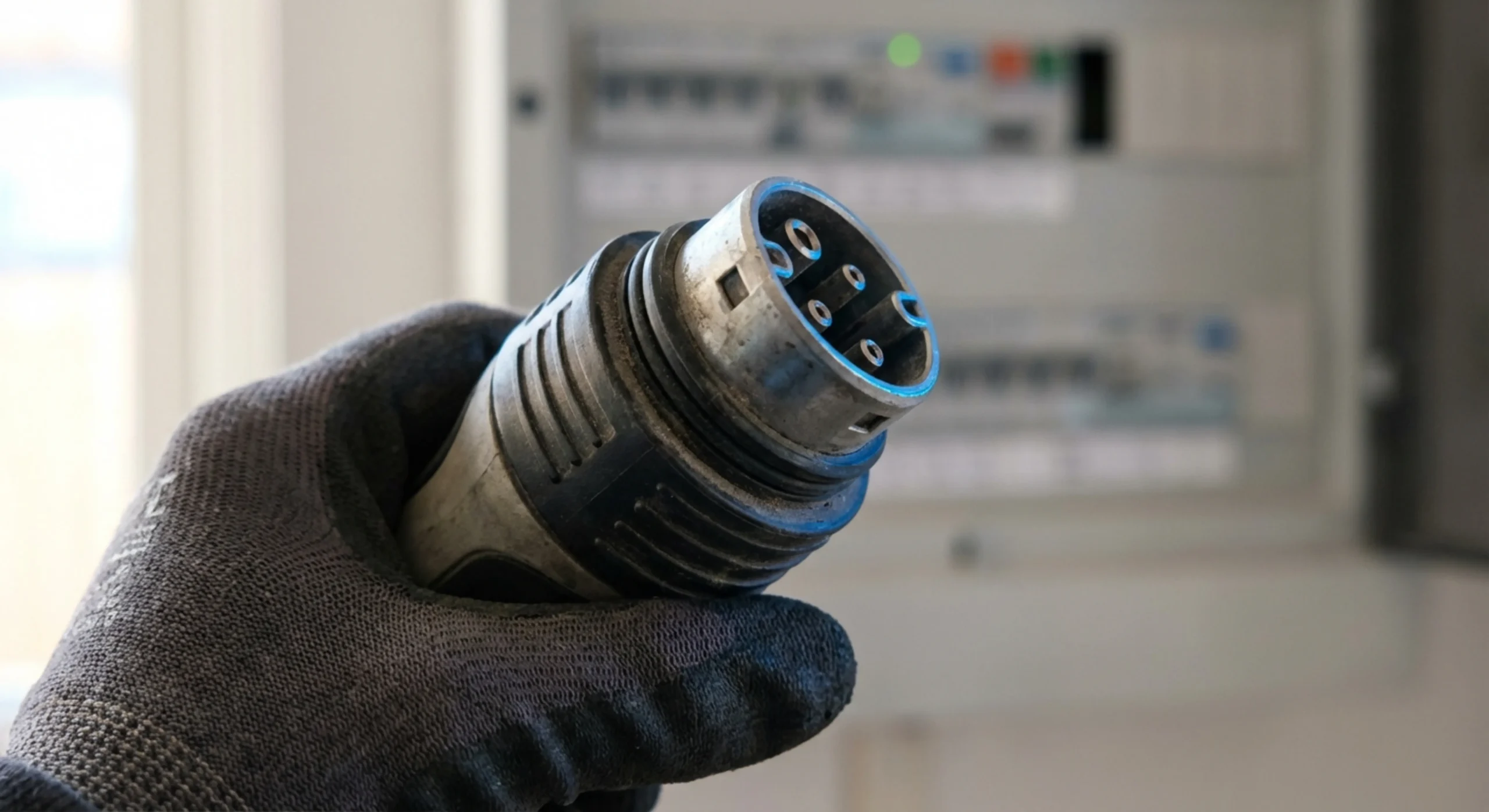 Gros plan macro sur un connecteur de borne de recharge pour véhicule électrique.