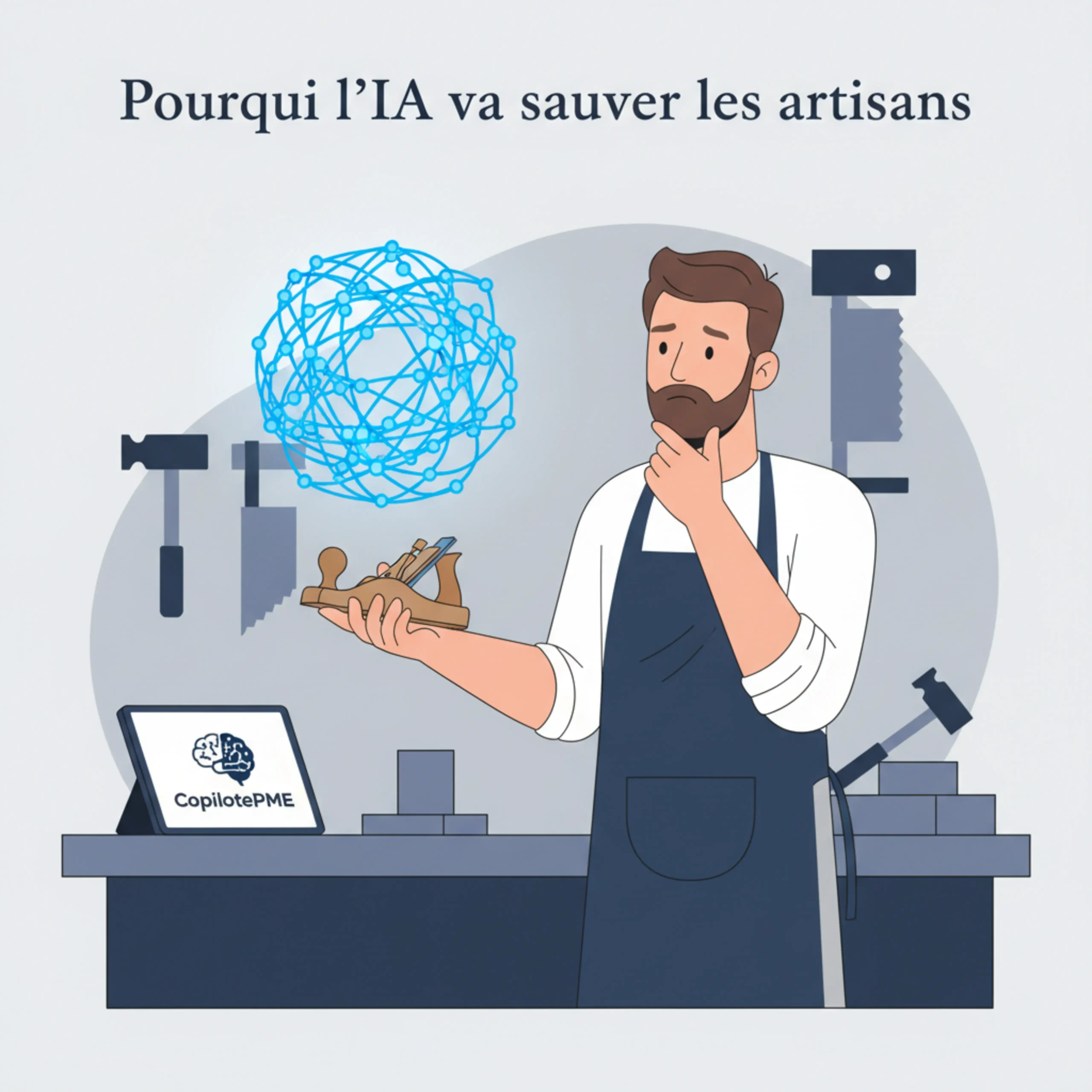 Illustration vectorielle d'un artisan hésitant devant une technologie complexe en bleu et gris.