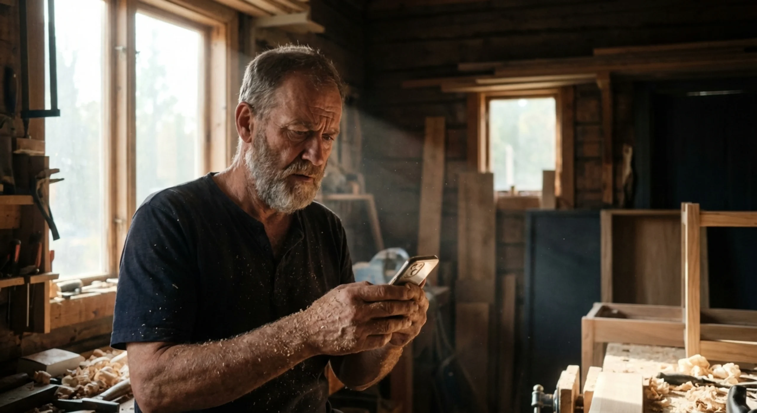 Artisan charpentier inquiet consultant son téléphone dans son atelier, style cinématographique.