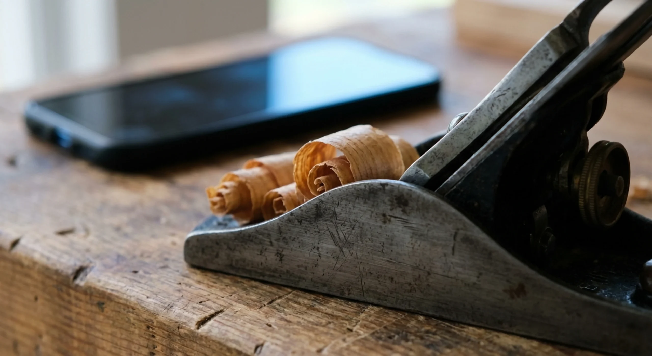 Gros plan sur un outil à bois traditionnel à côté d'un écran numérique moderne.