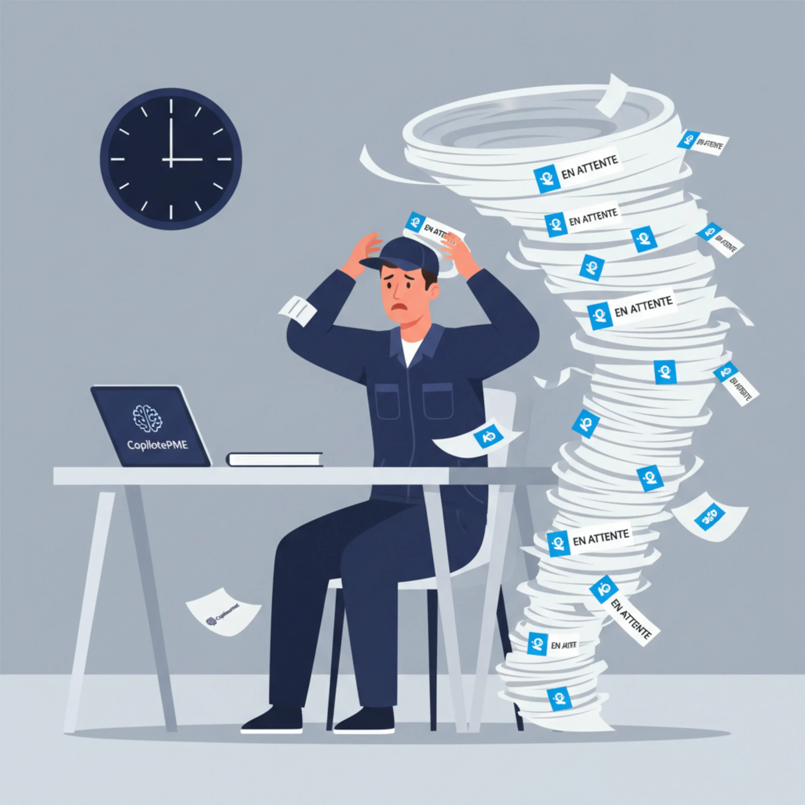 Illustration vectorielle d'un électricien débordé par ses devis en attente