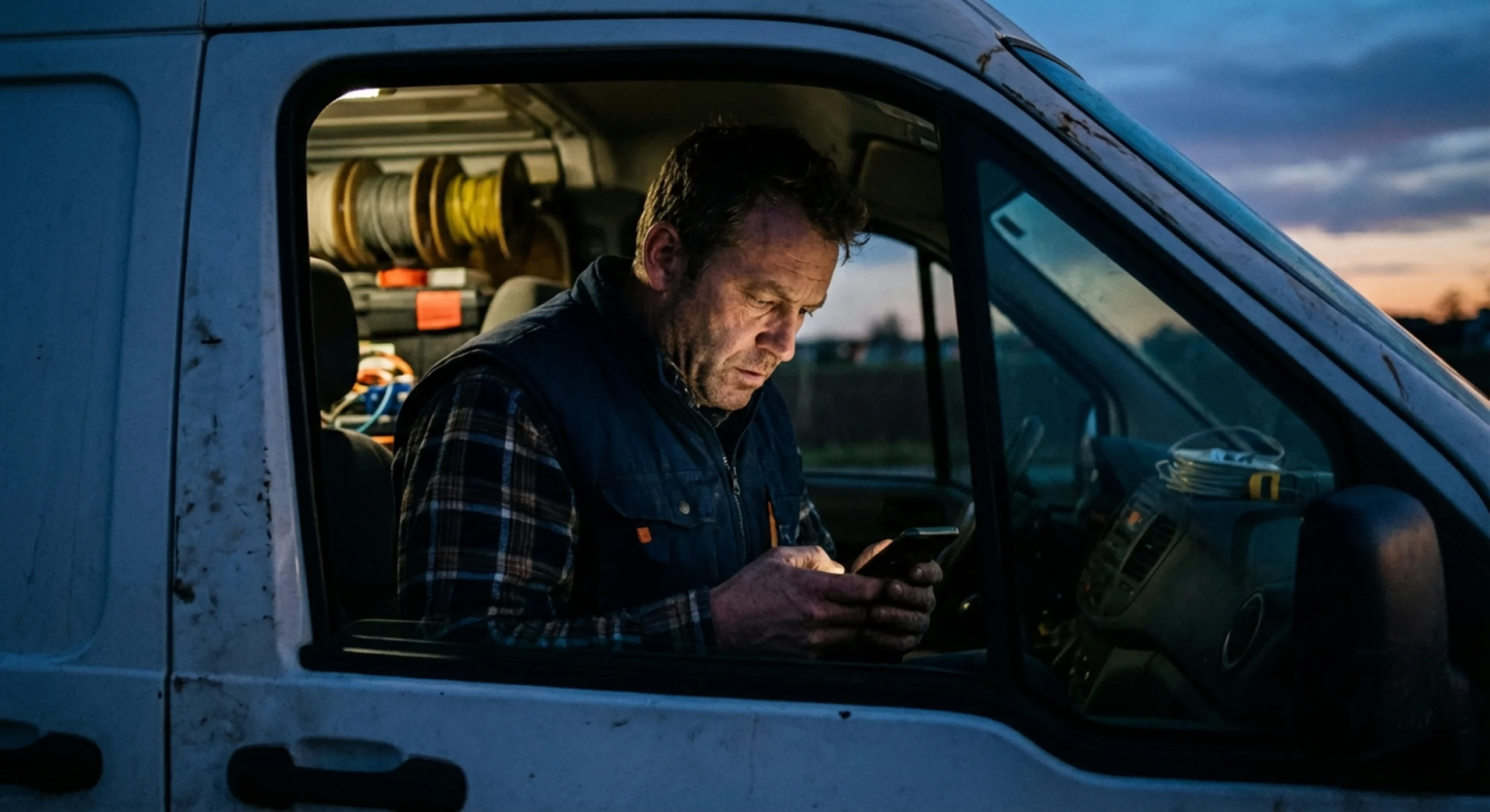 Électricien consultant ses devis sur son téléphone dans son fourgon
