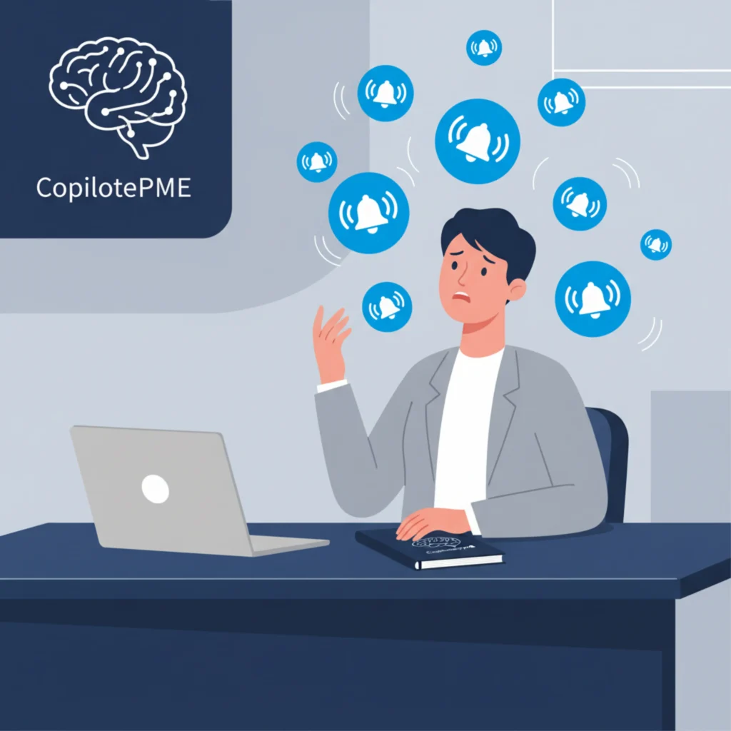 Illustration d'un entrepreneur de services débordé par les appels clients, style vectoriel moderne bleu marine.