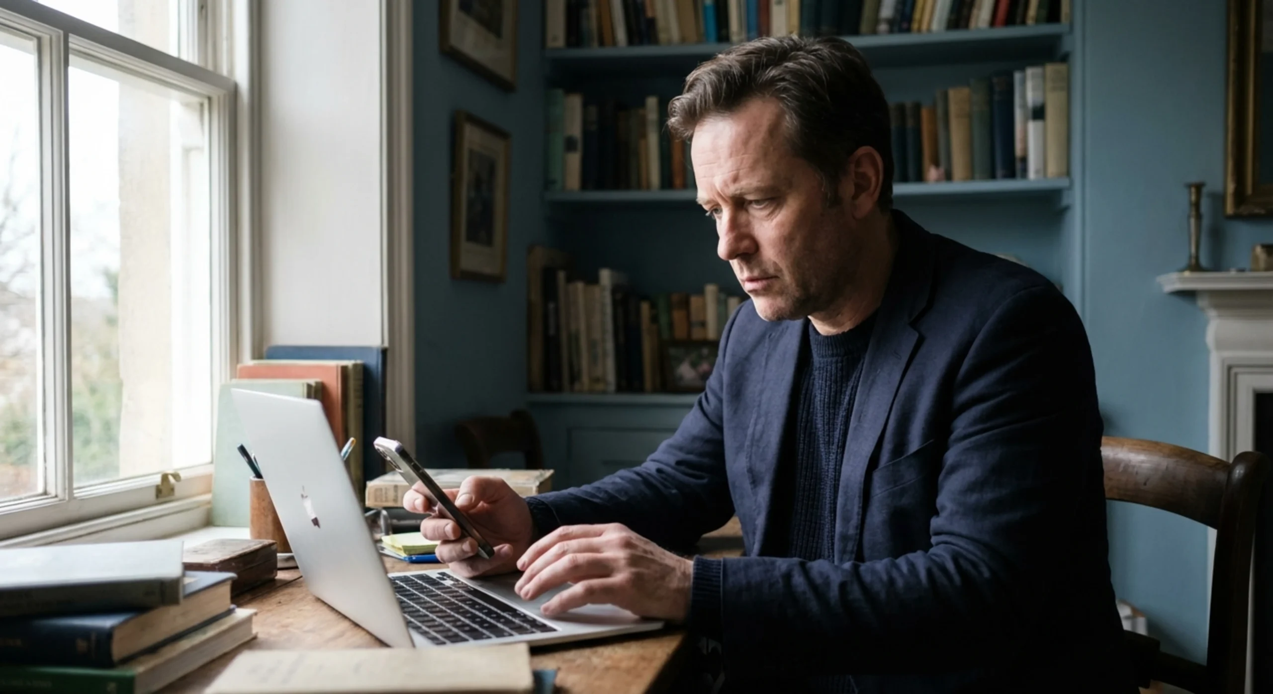 Portrait authentique d'un professionnel des services stressé par les notifications téléphoniques incessantes.