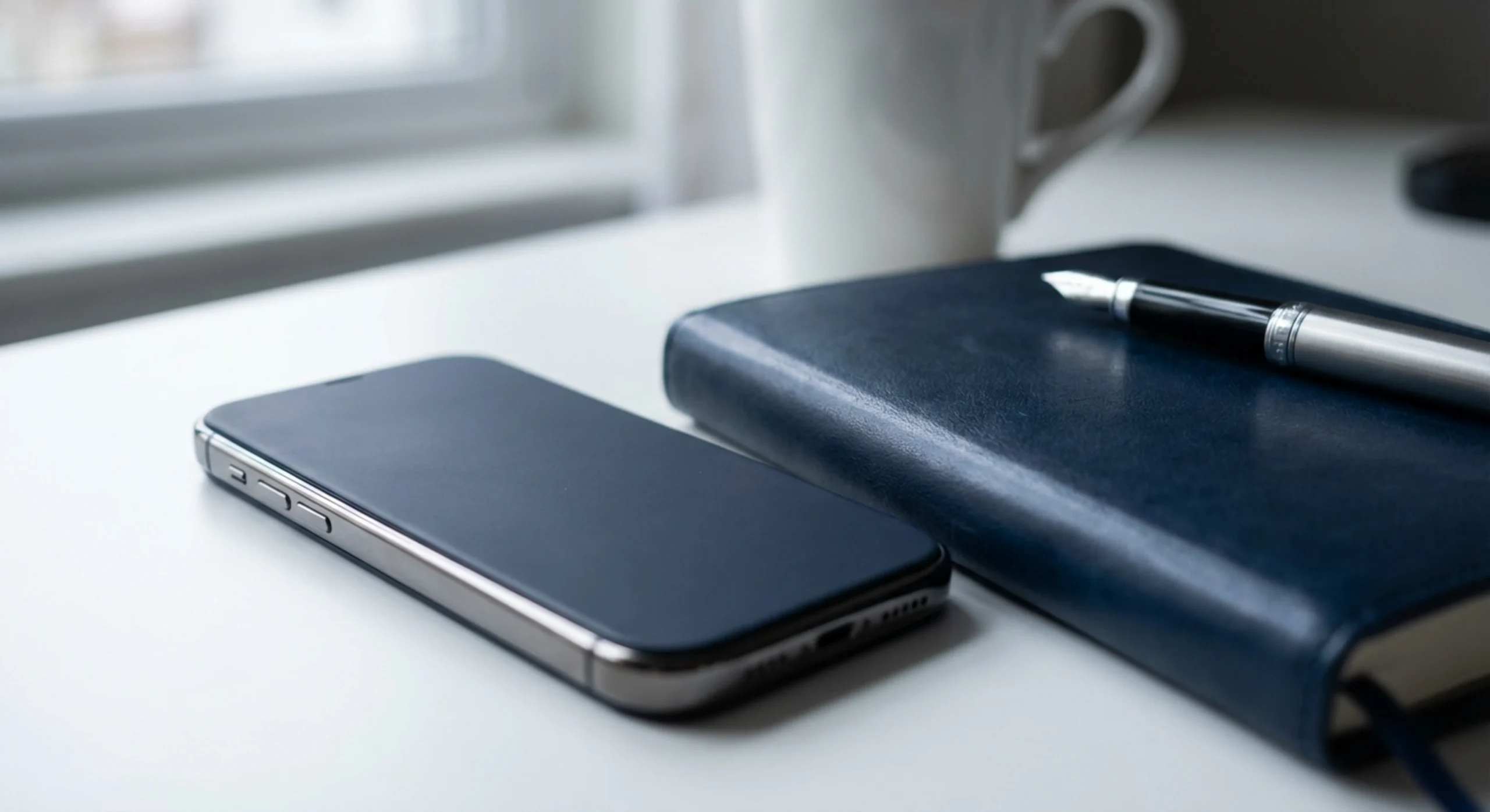 Gros plan macro d'un smartphone et d'un agenda professionnel sur un bureau épuré.