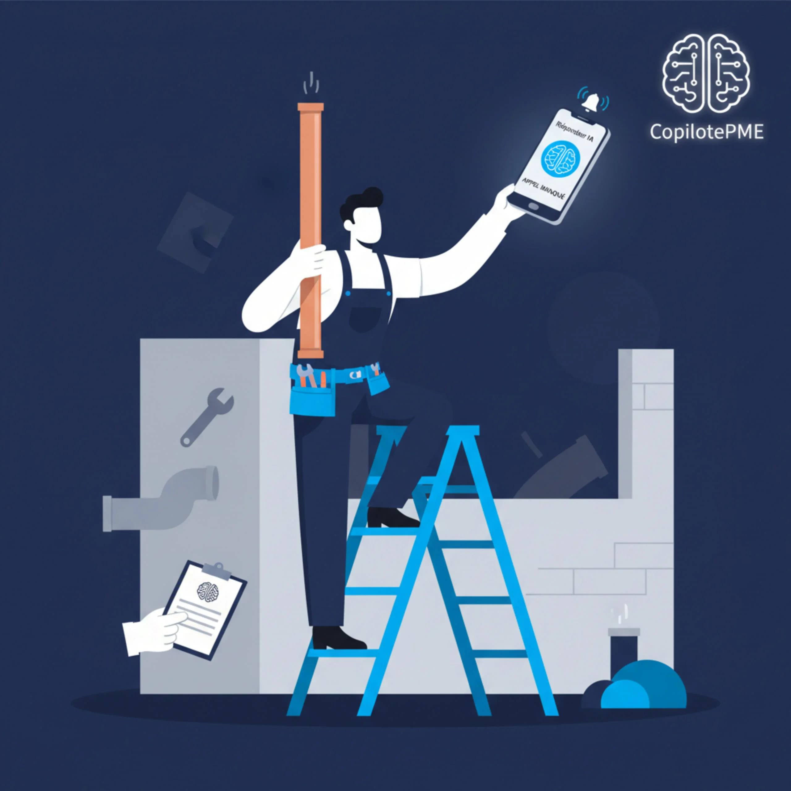 Illustration vectorielle d'un plombier sur une échelle ne pouvant pas répondre à son téléphone qui sonne.