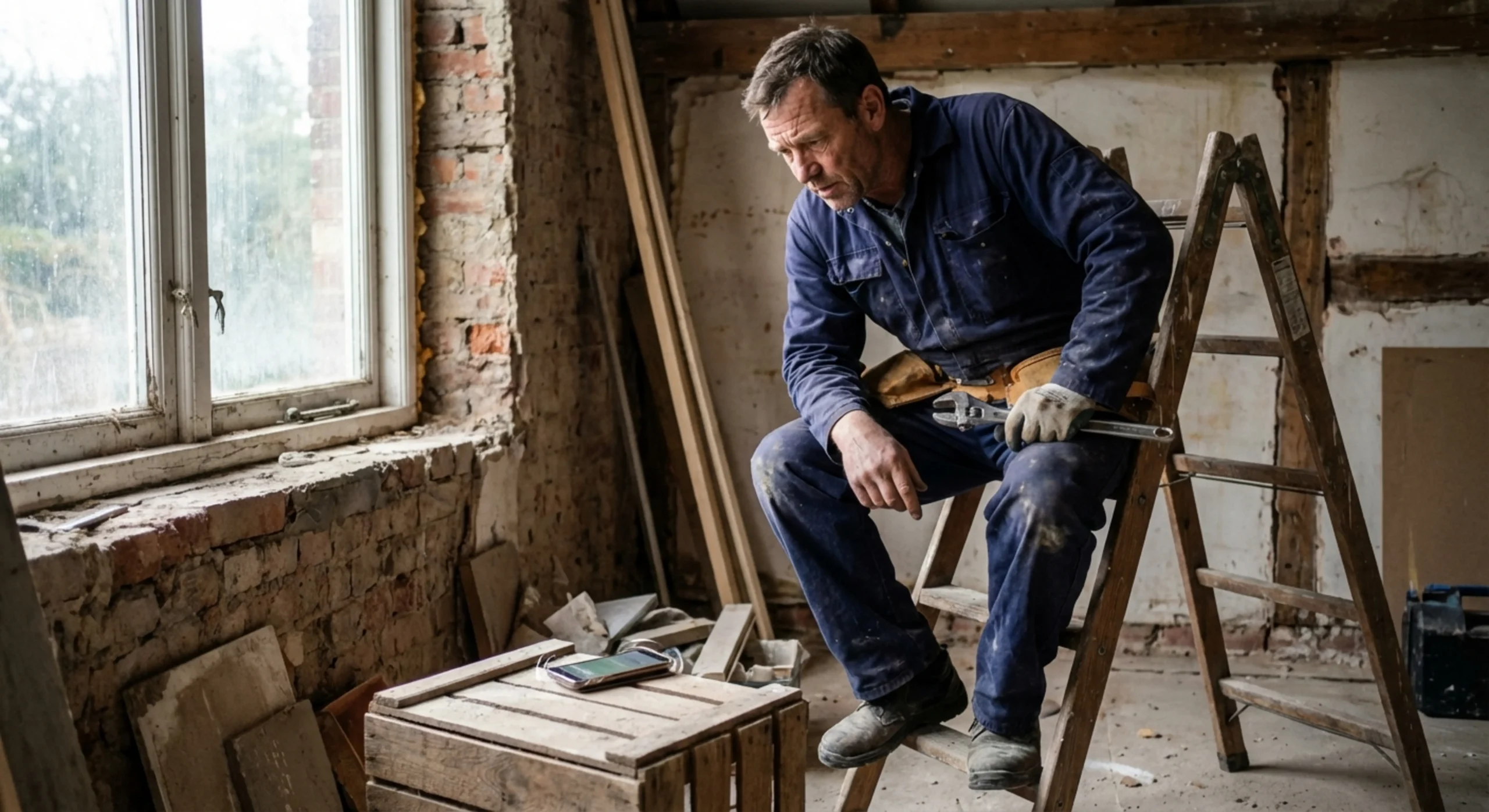 Photo réaliste d'un plombier débordé sur un chantier face à un appel urgent.