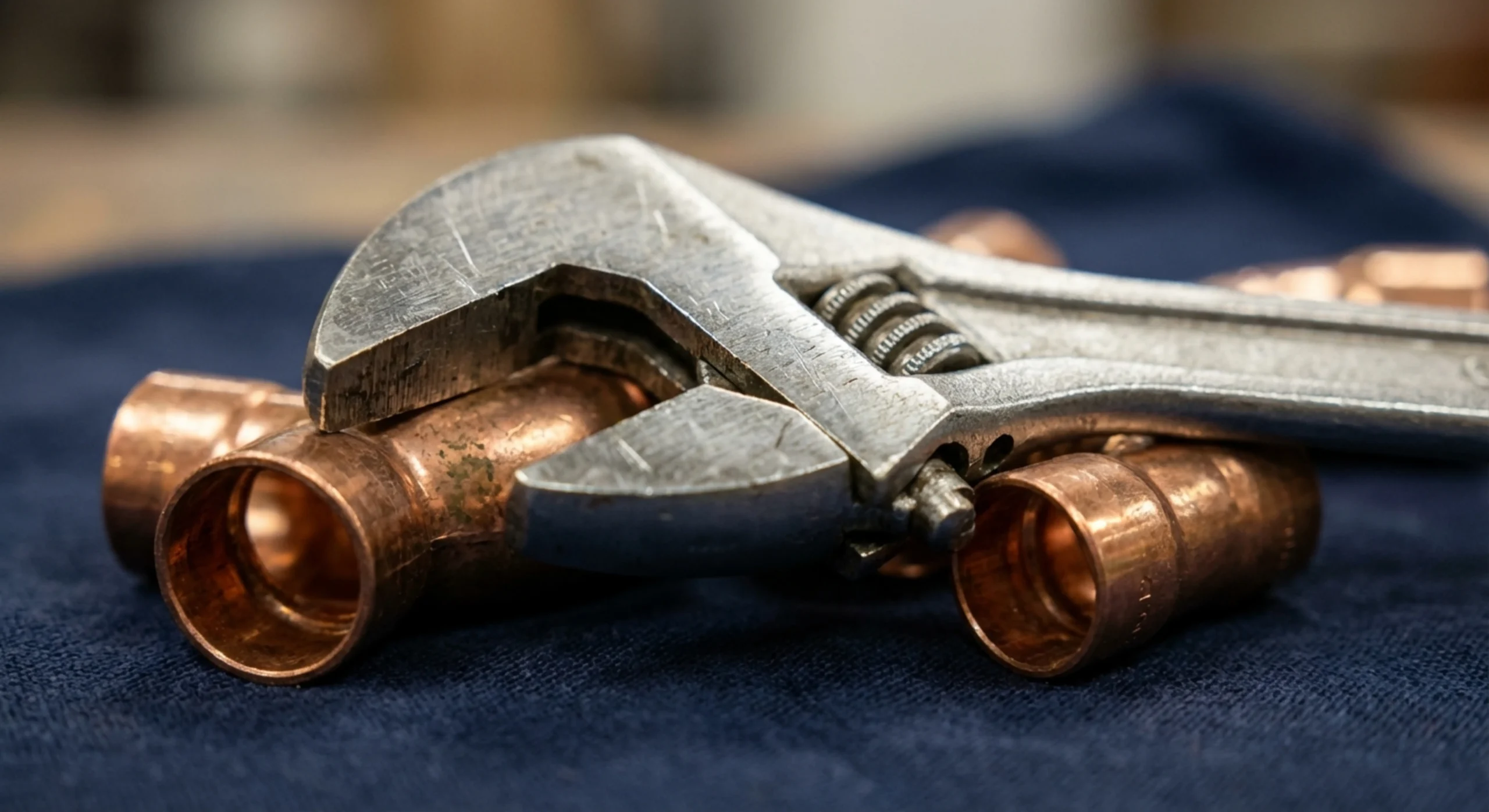 Gros plan artistique sur une clé à molette et des raccords de plomberie.