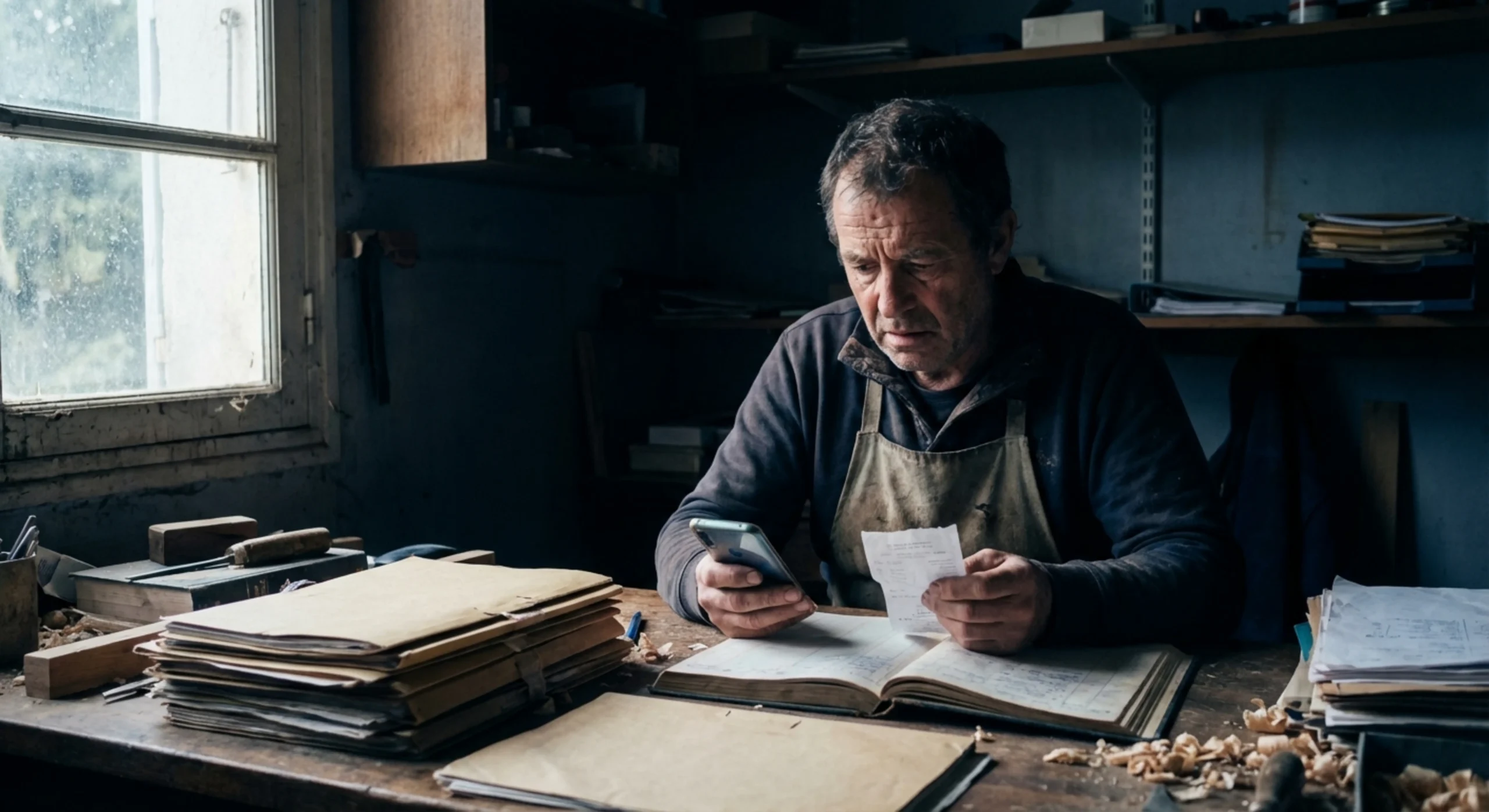 Entrepreneur stressé cherchant ses justificatifs de comptabilité